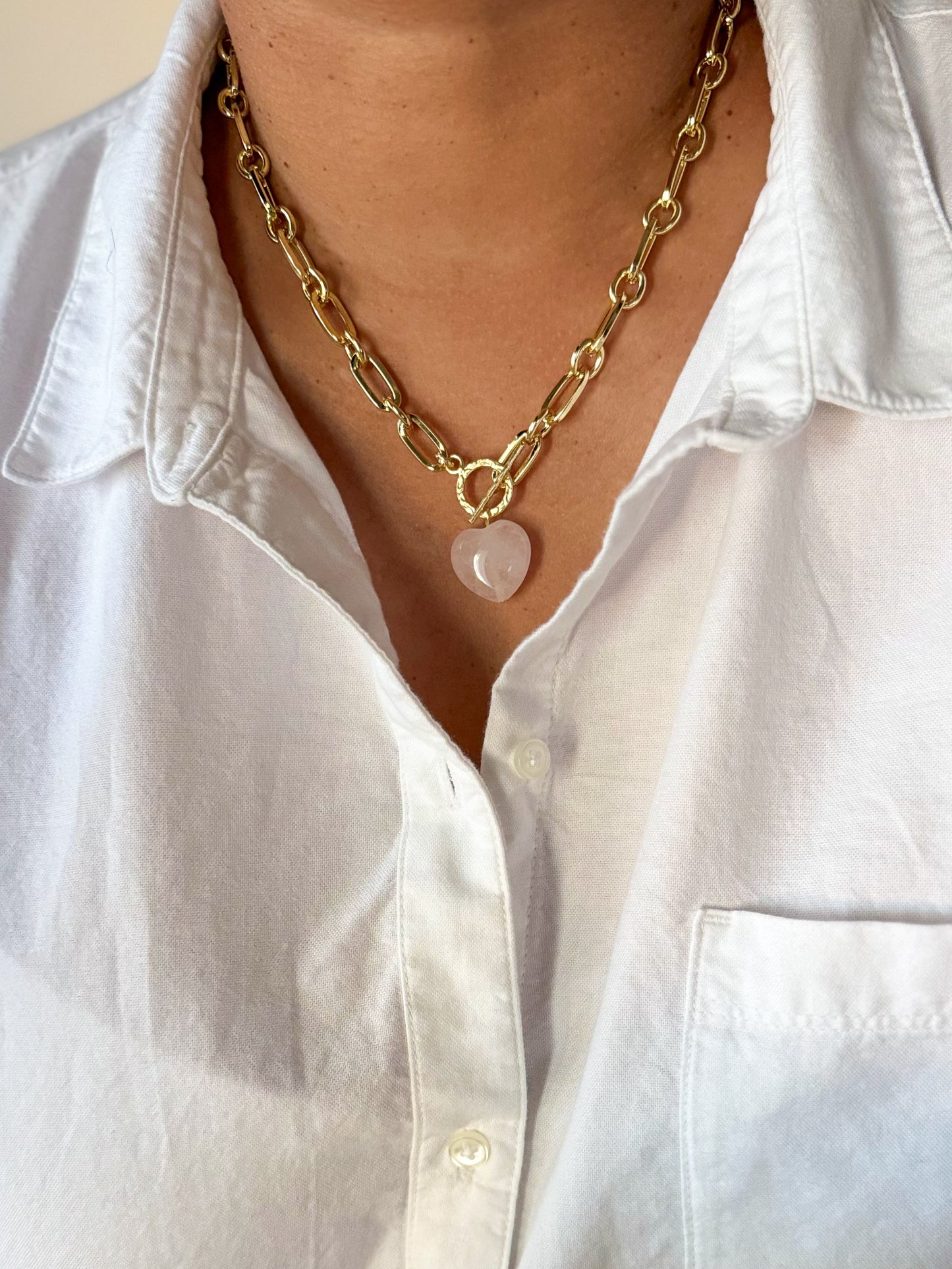 Pink quartz crystal heart necklace
