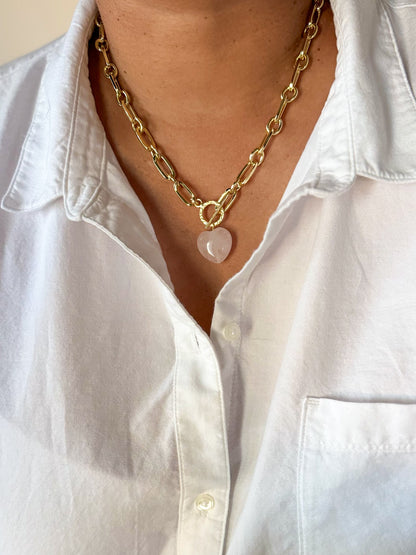 Pink quartz crystal heart necklace