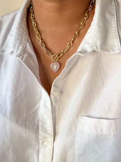 Pink quartz crystal heart necklace