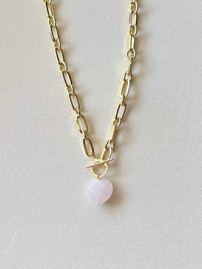 Pink quartz crystal heart necklace