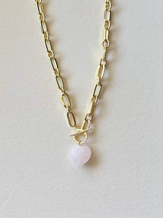 Pink quartz crystal heart necklace