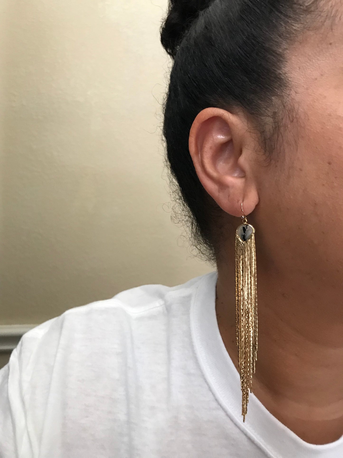 Marble clay long fringe earrings